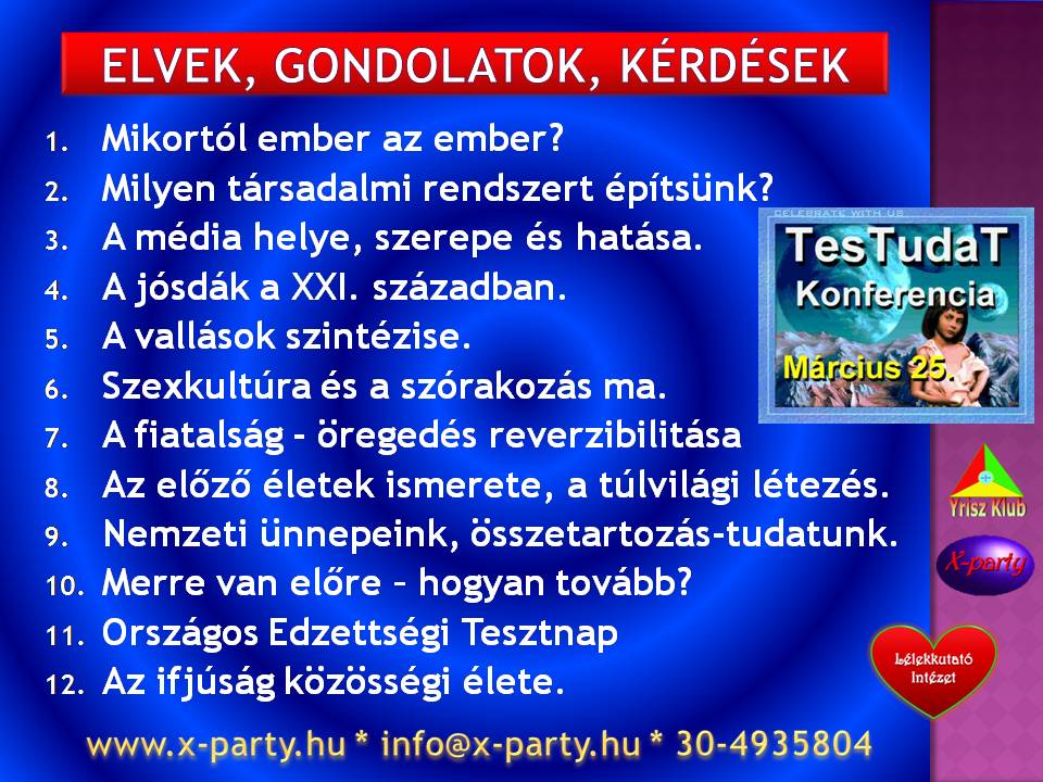 Vitaind&iacute;t&oacute; - Mikort&oacute;l ember az ember? Milyen t&aacute;rsadalmi rendszert &eacute;p&iacute;ts&uuml;nk?  A m&eacute;dia helye, szerepe &eacute;s hat&aacute;sa. A j&oacute;sd&aacute;k a XXI. sz&aacute;zadban. A vall&aacute;sok szint&eacute;zise.  Szexkult&uacute;ra &eacute;s a sz&oacute;rakoz&aacute;s ma. A fiatals&aacute;g - &ouml;reged&eacute;s reverzibilit&aacute;sa. Az el�z� &eacute;letek ismerete, a t&uacute;lvil&aacute;gi l&eacute;tez&eacute;s. Nemzeti &uuml;nnepeink, &ouml;sszetartoz&aacute;s-tudatunk. Merre van el�re &ndash; hogyan tov&aacute;bb? Orsz&aacute;gos Edzetts&eacute;gi Tesztnap. Az ifj&uacute;s&aacute;g k&ouml;z&ouml;ss&eacute;gi &eacute;lete.